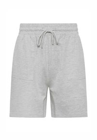 Shorts grises clairs en mélange de coton avec une taille élastique, un cordon de serrage ajustable et deux poches latérales. Texture lisse, design décontracté.