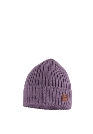Purple knitted beanie with ribbed texture and folded cuff featuring a small rectangular leather brand label on the side.