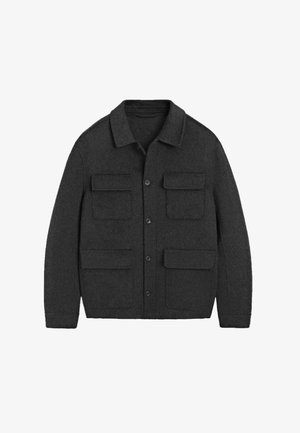Mørkegrå uldjakke med kravehals, frontknaplukning og fire udvendige lommer. Blød tekstur, afslappet design.
