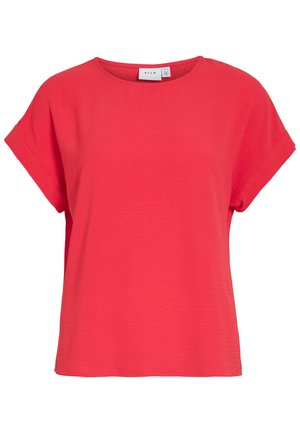 Red short-sleeve women's top with round neckline and relaxed fit, made of textured fabric, labeled "VILA" inside the collar.