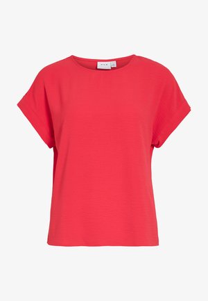 Κόκκινο γυναικείο τοπ με κοντά μανίκια, στρογγυλή λαιμόκοψη και άνετη εφαρμογή, κατασκευασμένο από υφασμάτινη υφή, με ετικέτα "VILA" μέσα στο γιακά.