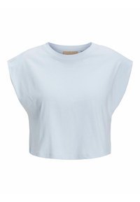 Camiseta corta de color azul claro hecha de algodón. Presenta mangas dolman, un escote redondo y una textura suave. Diseño simple sin patrones.