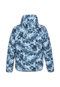 Blauwe en zwarte gestreepte jas met capuchon, gemaakt van een zachte, gestructureerde stof en een iets losse pasvorm. Geschikt voor casual draag.