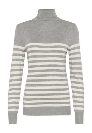 Pull à col roulé rayé gris et crème avec un design ajusté, fabriqué à partir d'un matériau doux. Caractéristiques des manches longues et des poignets côtelés.