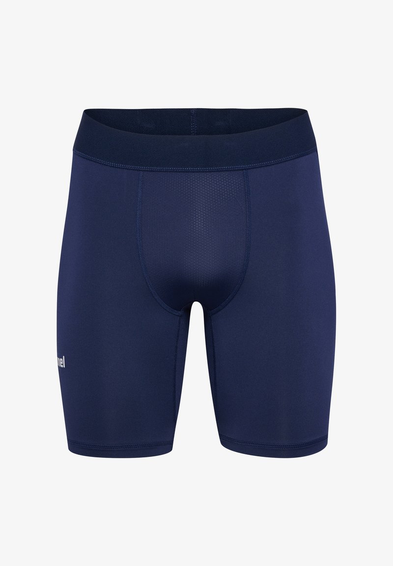 Marineblauwe sportshorts van rekbare, gevoelige stof. Kenmerkt zich door een getailleerd ontwerp, een elastische tailleband en minimale branding aan de zijkant.