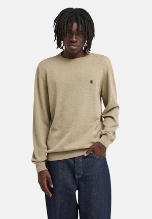 Junge Person mit dunklen Dreadlocks trägt einen beigen Pullover mit langen Ärmeln und dunkelblaue Jeans, steht mit einer Hand in der Tasche vor weißem Hintergrund.