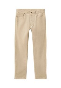 Pantalones de algodón color beige con diseño de cinco bolsillos, corte recto, remaches de metal y textura suave. Sin dobladillo en la parte inferior para mayor versatilidad.