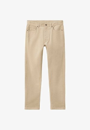 Beżowe bawełniane spodnie z pięciokieszeniowym designem, prostym krojem, metalowymi nitami i gładką fakturą. Bez podszycia na dole dla większej uniwersalności.