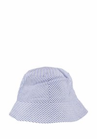 Cappello a secchiello blu e bianco a righe con ampia visiera, caratterizzato da motivi a righe diagonali e verticali sui pannelli di tessuto.