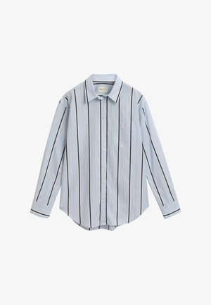 Light blue long-sleeve button-up shirt featuring vertical black and white stripes, with a chest pocket and rounded hem.