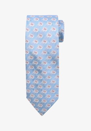 Himmelblauer Seidenkrawatte mit einem sich wiederholenden Muster aus kleinen, cartoonhaften Krabben mit roten Akzenten, abgeschlossen mit einer spitzen Spitze.