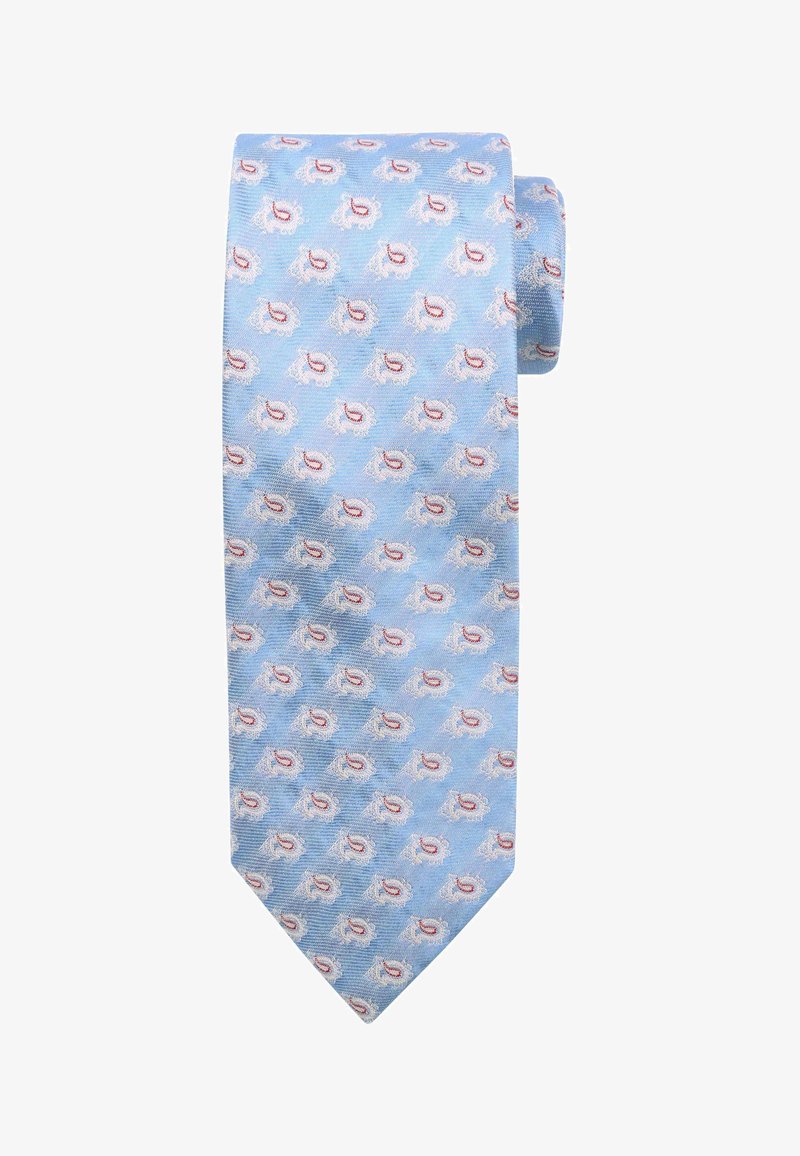 Lichtblauwe zijden stropdas met een herhalend patroon van kleine, cartoonachtige krabben met rode accenten, afgewerkt met een puntige punt.