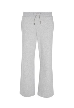 Pantalones deportivos grises, ajustados y cónicos, hechos de tela suave con una cintura elástica y cordón ajustable. Cuenta con dos bolsillos laterales.