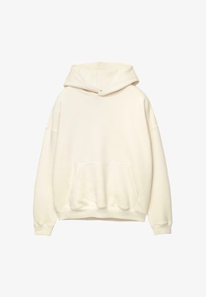 Cremefarbener Hoodie mit einer vorderen Tasche, langen Ärmeln und einer Kordelzugkapuze. Aus weichem, strukturiertem Stoff gefertigt. Anpassbare Passform.