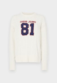 Maglione bianco a lavorazione cable-knit con ricamo rosso e blu di "GUESS JEANS 81" sul fronte, con orlo e polsini a coste.