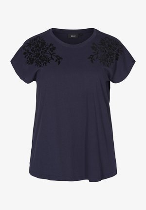 Marineblaue Kurzarmbluse mit Rundhalsausschnitt und schwarzen Blumenmustern auf beiden Schultern, lockere Passform und unifarbene Vorderseite.