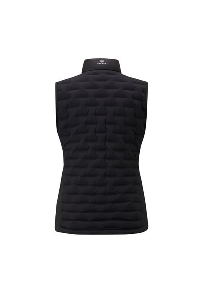 Schwarze ärmellose Weste mit gestepptem Muster, hohem Kragen und Logo am Hals. Glattes Material mit leichtem Design.