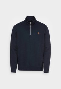 Marineblauwe zip-up sweatshirt met een hoge kraag, lange mouwen en een klein geborduurd moose-logo op de borst. Zachte stoftextuur.