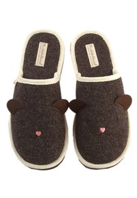 Brown felt slippers with bear face design; features are pink nose, black eyes, and ear accents. Cream trim along the opening and sole.