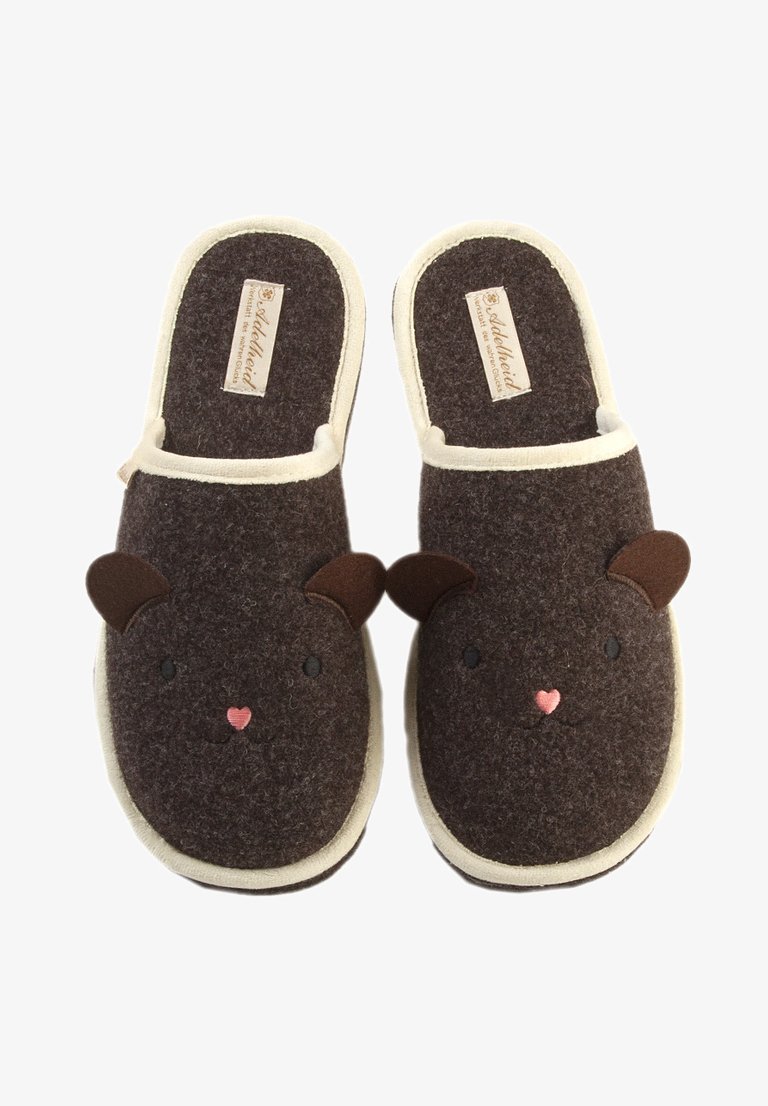 Brown felt slippers with bear face design; features are pink nose, black eyes, and ear accents. Cream trim along the opening and sole.