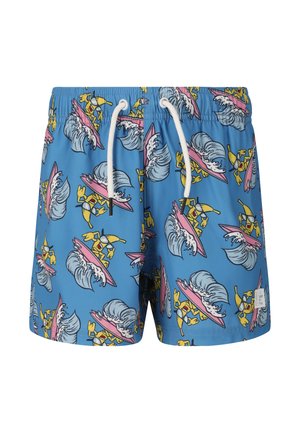Blaue Badeshorts mit weißen Kordeln, versehen mit einem Muster aus gelben Cartoon-Fröschen, die auf pinken Surfbrettern mit Meereswellen surfen.
