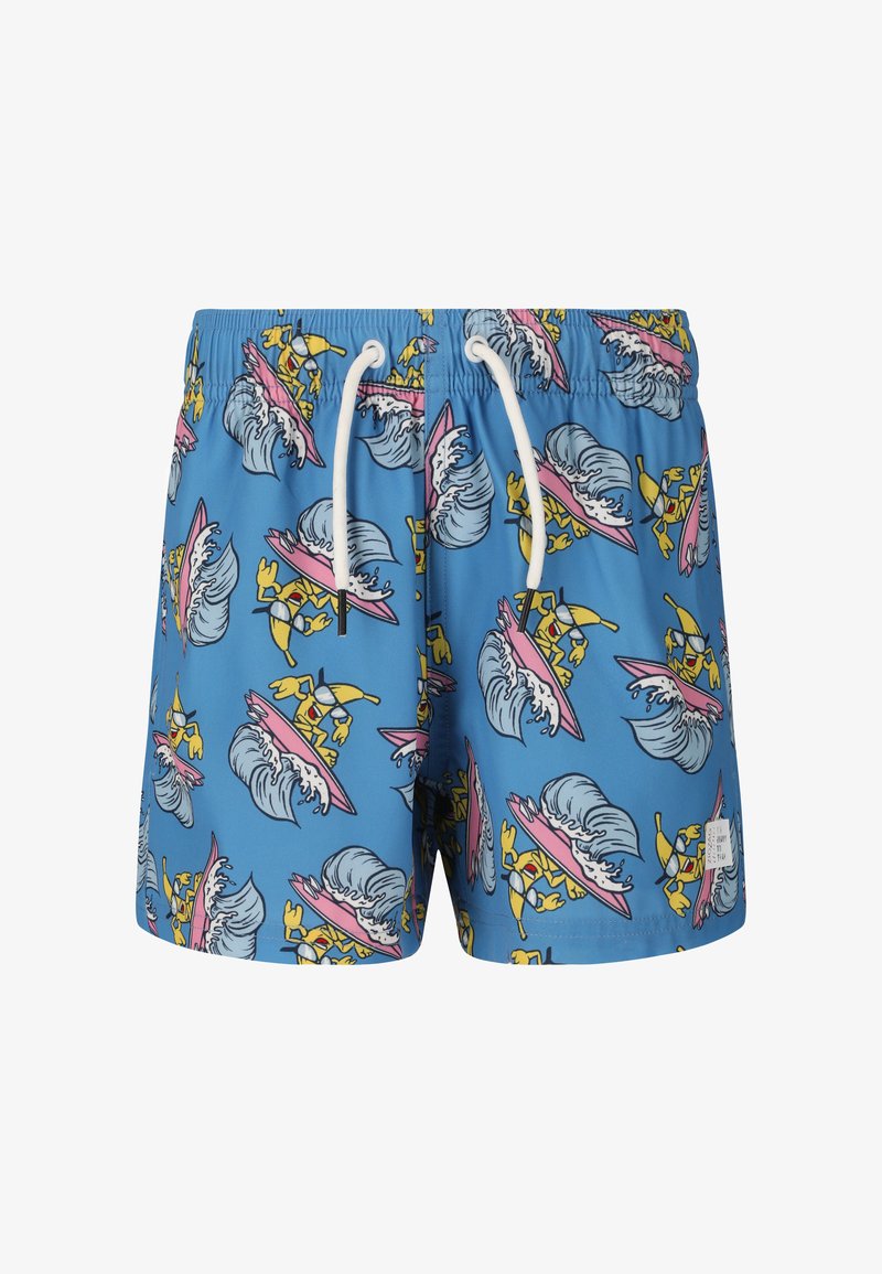 Shorts de bain bleus avec cordons blancs, présentant un motif de grenouilles jaunes dessinées en style cartoon surfant sur des planches roses avec des vagues océaniques.