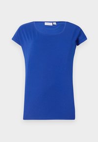 Sininen lyhythihainen T-paita pyöreällä pääntiellä ja pienillä taitetuilla hihansuihkuilla, yksivärinen muotoilu, valkoista taustaa vasten esitetty.