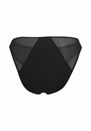 Bikini-Unterwäsche für schwarze Frauen mit transparenten Netz-Seitenpaneelen und solidem Stoff vorne und hinten.