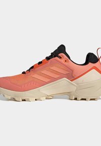 Buty do biegania w terenie z gradientowym wzorem w odcieniach różu i pomarańczy, z siateczkową cholewką, gumową podeszwą i wyściełanym kołnierzem. Posiadają akcenty z logo.