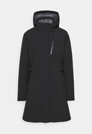 Cappotto invernale nero fino al ginocchio con cappuccio, cerniera frontale completa, tasca sul petto con cerniera e tasche laterali, progettato per protezione dal freddo.