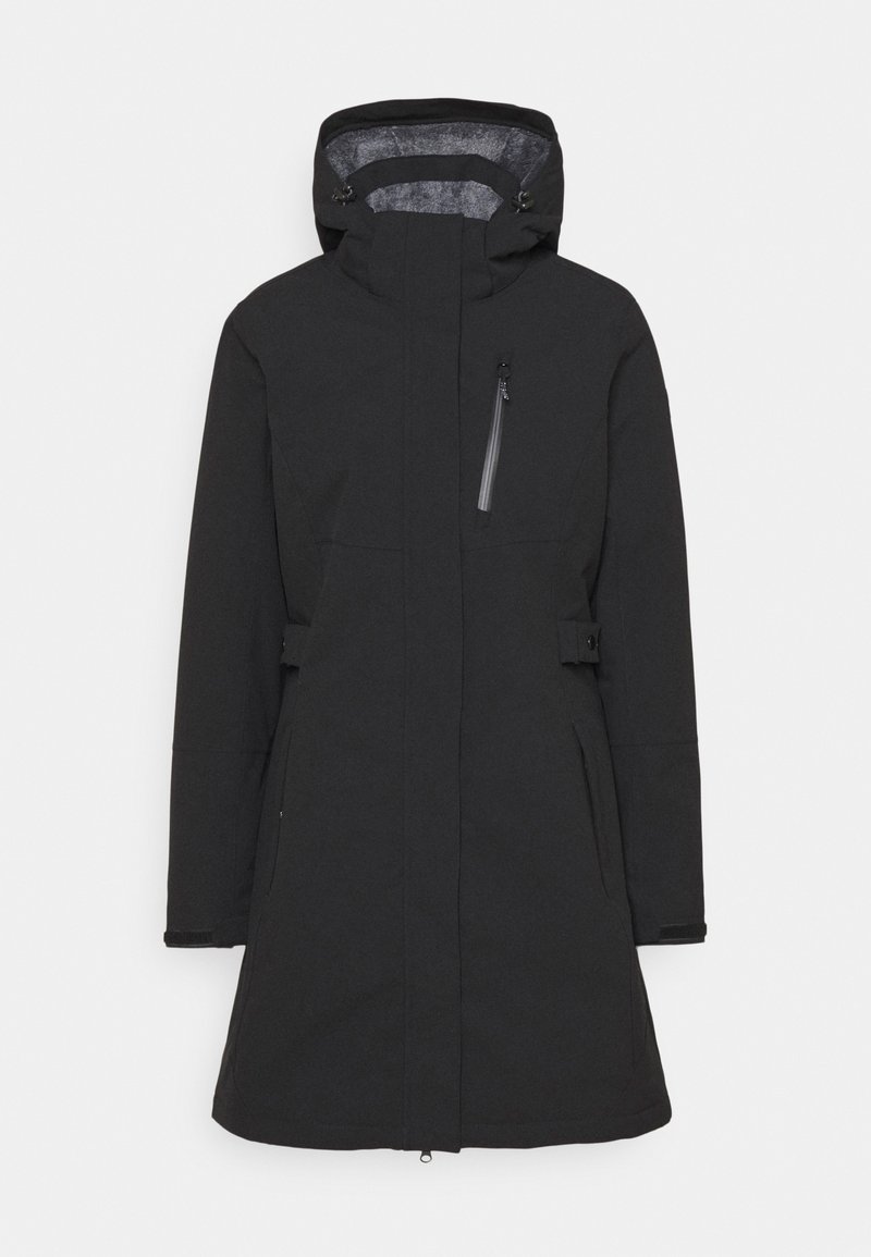 Manteau d'hiver noir longueur genoux avec capuche, fermeture éclair intégrale à l'avant, poche poitrine zippée et poches latérales, conçu pour la protection contre le froid.