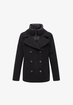 Črn dvoredni plašč s širokimi reverji, zadrgo na ovratniku in stranskimi žepi. Narejen iz mešanice volne z gladko teksturo in mat končno obdelavo.