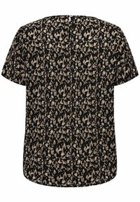 Black short-sleeve blouse with beige and light brown abstract leopard print pattern and a small button closure at the back neckline.