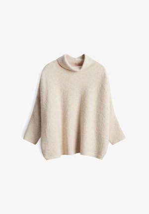 Maglione beige a collo alto realizzato in tessuto a maglia testurizzato, con maniche a tre quarti e una vestibilità oversize con una silhouette rilassata.