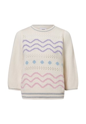 Cremefarbener Pullover mit kurzen Ärmeln und rundem Ausschnitt. Verziert mit Zickzack- und Diamantmustern in Lavendel, Hellblau und Pink.