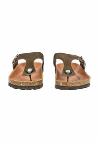 Brune ruskinds flip-flops har en tæerne post, stofrem og en rund metaldetalje. Sålen er af kork med en struktureret sort gummibund.
