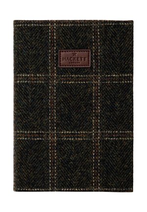 Dark wool fabric with brown and orange windowpane plaid pattern and a stitched brown leather patch labeled Hackett London.