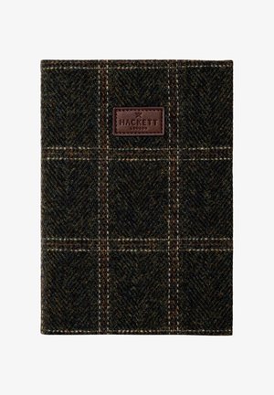 Dark wool fabric with brown and orange windowpane plaid pattern and a stitched brown leather patch labeled Hackett London.