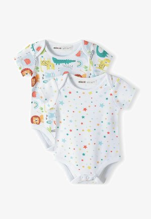 Dva dječja bodića s kratkim rukavima: jedan s šarenim uzorkom životinja na bijeloj pozadini; drugi s pastelnim zvjezdicama na bijeloj.