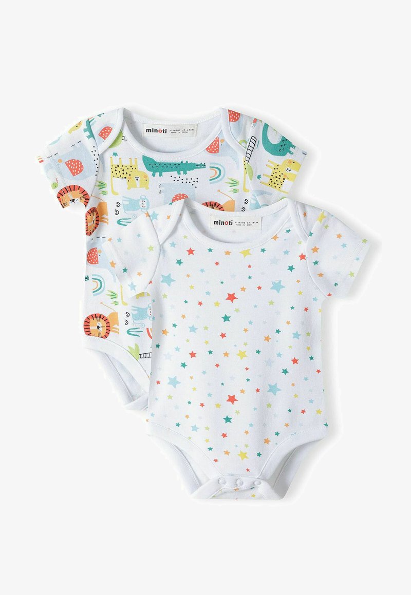 Divi īsām piedurknēm bērnu bodiji: viens ar krāsainu dzīvnieku zīmējumu uz balta fona; otrs ar pasteļtoņu zvaigznēm uz balta fona.