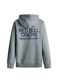 Felpa grigia con cappuccio e finitura testurizzata, con il testo blu navy "RED BULL RACING" e "Design di Pepe Jeans" sul retro.