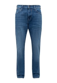 Blaue Denim-Jeans mit geradem Schnitt, die fünf Taschen, einen Reißverschluss und kontrastierende Nähte aufweisen. Glatte Textur und minimaler Schmuck.