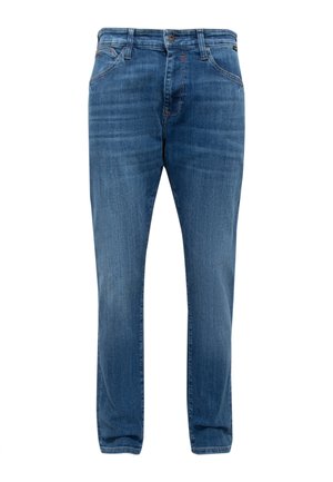 Blue denim jeans with a straight fit, featuring five pockets, a zip fly, and contrasting stitching. Smooth texture and minimal embellishments.