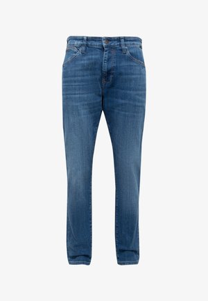 Blue denim jeans with a straight fit, featuring five pockets, a zip fly, and contrasting stitching. Smooth texture and minimal embellishments.