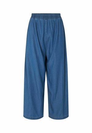 Denim culottes met een elastische tailleband, middellange lengte, lichtblauwe kleur en een gladde textuur, met een losse pasvorm en simpele stiksels.