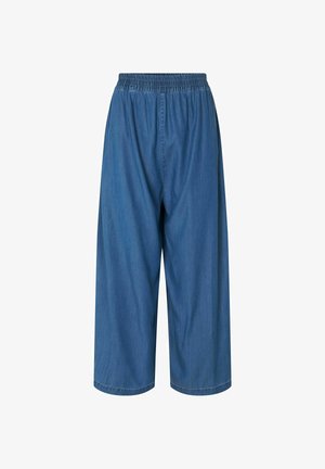 Denim kulotid elastse vöökoha, keskjala pikkuse, helesinise värvi ja siledalt tekstuuriga, laia lõike ja lihtsa õmblusega.