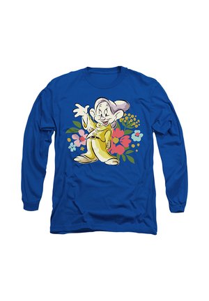 Blue long-sleeve shirt featuring a cartoon character in a yellow outfit with floral designs in pink, red, and green surrounding it.