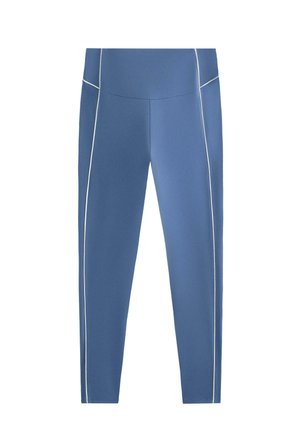 Leggings blu con una texture liscia, caratterizzati da cuciture laterali bianche e un alto punto vita. Materiale elasticizzato per flessibilità e comfort.