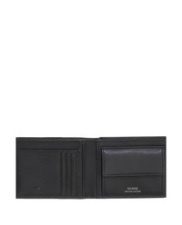 Portefeuille en cuir noir à texture lisse, avec plusieurs emplacements pour cartes et une fenêtre transparente pour pièce d'identité, arborant le logo "GUESS" en lettres argentées.