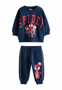 Navy blue kids' sweat set with red "SPIDEY" lettering and three Spider-Man characters on top, matching pants with Spider-Man print and white stripes.
